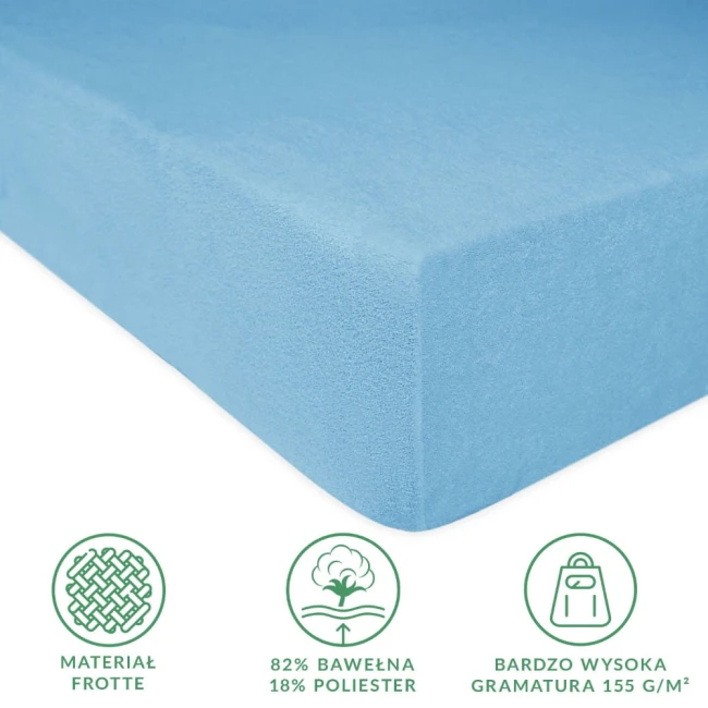 Prześcieradło frotte 200x220 w kolorze błękitnym, z gumką, leżące na płasko. Wykonane z 82% bawełny i 18% poliestru, o wysokiej gramaturze 155 g/m². Widoczne logo i ikony dotyczące materiałów. Tło jasne, co podkreśla kolor tkaniny.