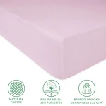 Prześcieradło frotte z gumką w kolorze wrzosowym, rozmiar 200x220 cm. Frontalne ujęcie pokazuje gładką, teksturowaną powierzchnię. Widoczne symbole informujące o składzie: 82% bawełny, 18% poliestru oraz wysoka gramatura 155 g/m².