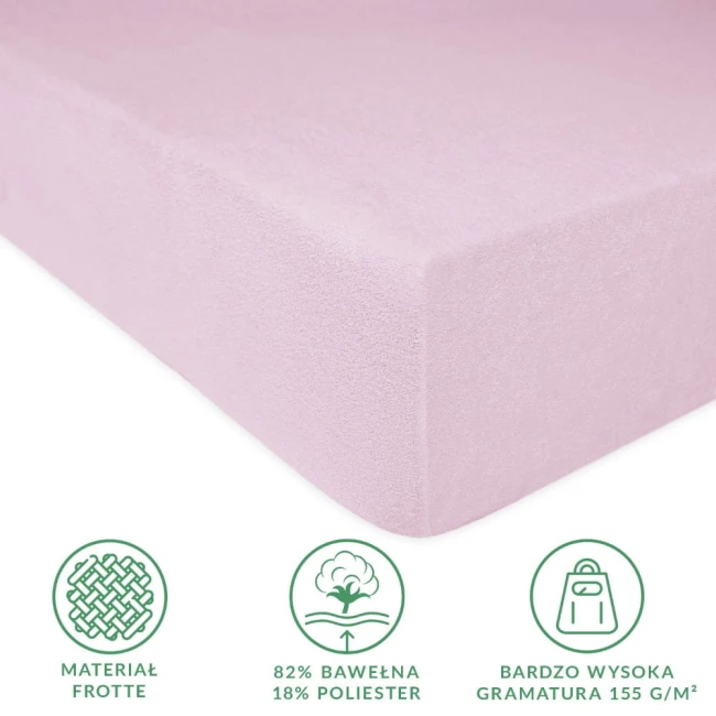Prześcieradło frotte z gumką w kolorze wrzosowym, rozmiar 200x220 cm. Frontalne ujęcie pokazuje gładką, teksturowaną powierzchnię. Widoczne symbole informujące o składzie: 82% bawełny, 18% poliestru oraz wysoka gramatura 155 g/m².