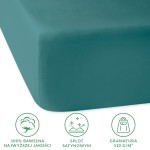 Prześcieradło satynowe z gumką 90x200 w kolorze ciemnego turkusu, leżące na płaskiej powierzchni. Materiał o gładkiej, błyszczącej teksturze, doskonale dopasowane do materaca. Widoczne informacje o składzie i gramaturze na dole.