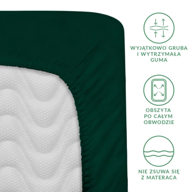 Prześcieradło satynowe z gumką 160x200 w kolorze butelkowej zieleni, z wyraźnie widoczną, grubą gumą obwodową. Zbliżenie na fakturę materiału, pokazujące strukturę oraz detale.