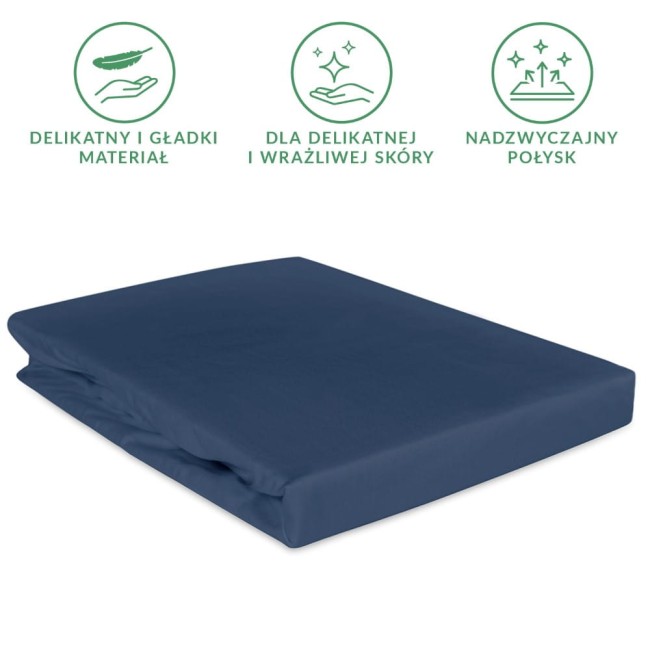 Prześcieradło satynowe z gumką 160x200 w kolorze chaber, leżące na białym tle. Materiał gładki, z delikatnym połyskiem, idealny dla wrażliwej skóry. Widoczna gumka zapewniająca mocne trzymanie na materacu.