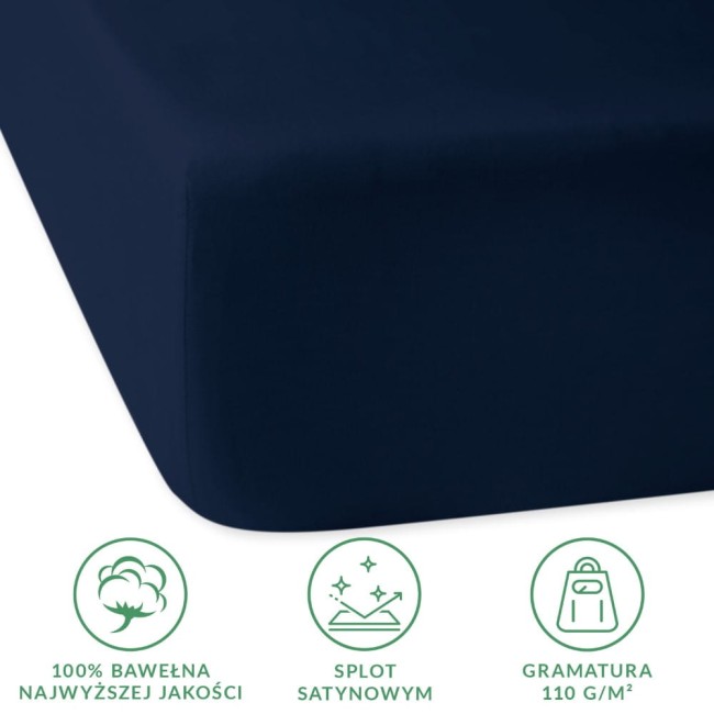 Prześcieradło satynowe z gumką w ciemnym granacie, rozmiar 180x200 cm. Wykonane z 100% bawełny, o gramaturze 110 g/m². Zbliżenie na materiał, ukazujące gładką teksturę i głęboki kolor, idealne do nowoczesnej sypialni.