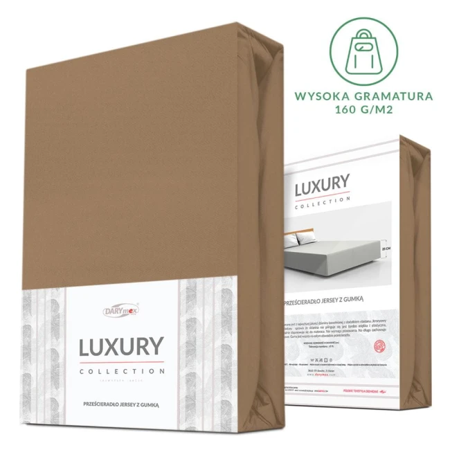 Prześcieradło jersey z elastanem w kolorze brązowym, z gumką, zapakowane w estetyczne opakowanie. Widoczne logo LUXURY COLLECTION oraz informacja o wysokiej gramaturze 160 g/m². Ujęcie frontalne, na białym tle, eksponujące detale opakowania.