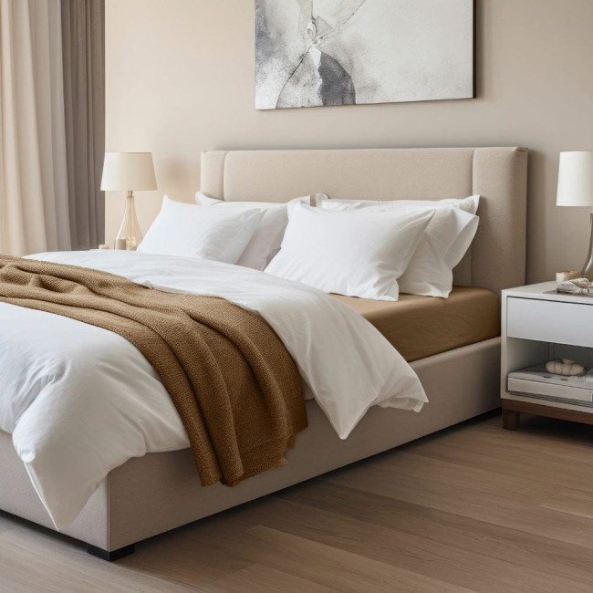 Brązowe prześcieradło jersey z elastanem z gumką w rozmiarze 140x200 cm, naciągnięte na materac. Produkt leży na łóżku z białą pościelą i brązowym kocem, w jasnym, nowoczesnym wnętrzu.
