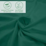 Prześcieradło jersey z elastanem 160x200 w kolorze zielonym, gładkie, z widoczną miękką tkaniną. Ułożone na płasko, ukazujące detal faktury materiału. Ikony informacyjne o właściwościach tkaniny: miękka w dotyku oraz delikatna dla skóry.