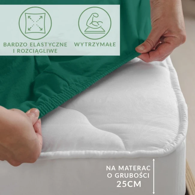 Prześcieradło jersey z elastanem w kolorze zielonym, elastyczne z gumką, umieszczone na białym materacu o wysokości 25 cm. Ujęcie z boku, pokazujące rękę zakładającą prześcieradło. W tle delikatna aranżacja, bez nadmiaru szczegółów.