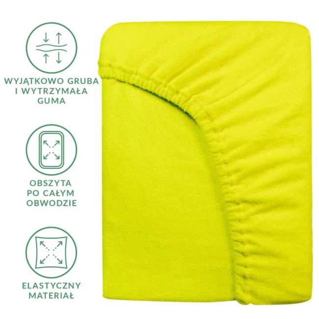 Prześcieradło frotte z gumką 60x120 w intensywnym kolorze limonki, wykonane z elastycznego materiału, z grubą gumą obszytą po całym obwodzie. Widok frontalny, zbliżenie na fakturę dzianiny i detale wykończeń.