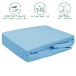 Prześcieradło frotte z gumką 40x90 w kolorze błękitnym, leżące na płaskiej powierzchni. Widać miękką fakturę materiału oraz gumkę zapewniającą lepsze dopasowanie. Tło jednolite, co podkreśla kolor produktu.