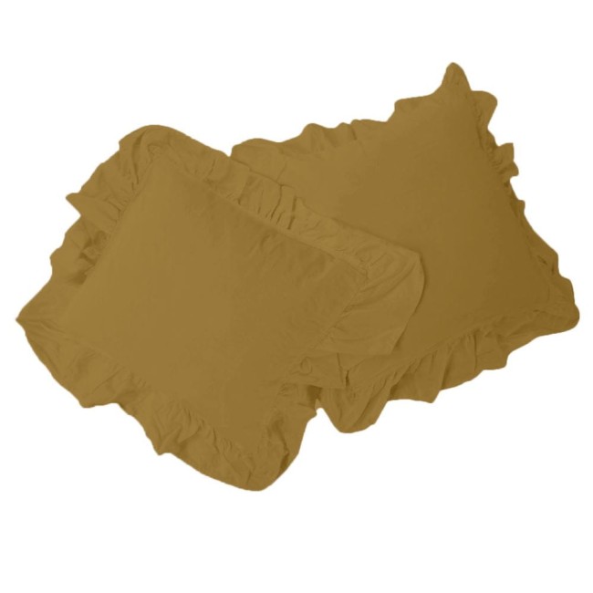 Komplet poszewek bawełnianych z falbanką w odcieniu oliwkowym, zawierający dwa elementy o wymiarach 40x40 cm, leżące obok siebie. Poszewki mają gładką fakturę i wyraźne falbany na krawędziach, co podkreśla ich design.