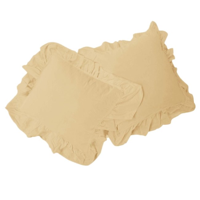 Komplet dwóch poszewek bawełnianych 40x40 cm w kolorze kremowym, z falbanką. Poszewki mają gładką teksturę i są ułożone obok siebie, z widocznymi brzegami falbany. Idealne do dekoracji poduszek.