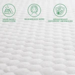 Ochraniacz na materac 90x200 pikowany w kolorze białym, wykonany z teksturowanego materiału. Zbliżenie na fakturę, pokazujące hexagonalne wzory. W tle ikony informujące o właściwościach kosmetycznych, regenerujących skórę i wspierających metabolizm.