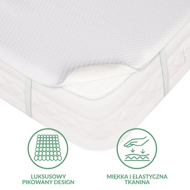 Ochraniacz na materac 110x200 pikowany w kolorze białym, leżący na materacu. Widoczna tekstura pikowania oraz elastyczne boki. Na zdjęciu znajdują się ikony wskazujące na luksusowy design oraz miękką i elastyczną tkaninę. Tło proste, białe.