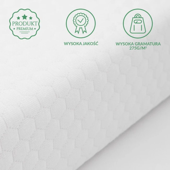 Ochraniacz na materac 120x200 pikowany SOFT-TOUCH w kolorze białym, wykonany z materiału o fakturze w kształcie sześciokątów. Charakteryzuje się wysoką gramaturą 275 g/m², zapewniającą trwałość i komfort użytkowania.