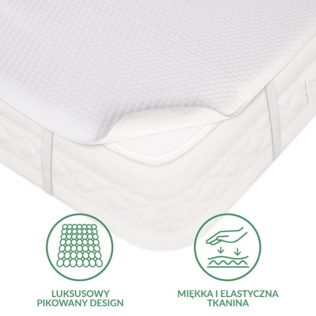 Ochraniacz na materac 140x200 pikowany SOFT-TOUCH w kolorze białym, wykonany z miękkiej i elastycznej tkaniny. Widoczny luksusowy pikowany design oraz gumki mocujące, utrzymujące go na miejscu.