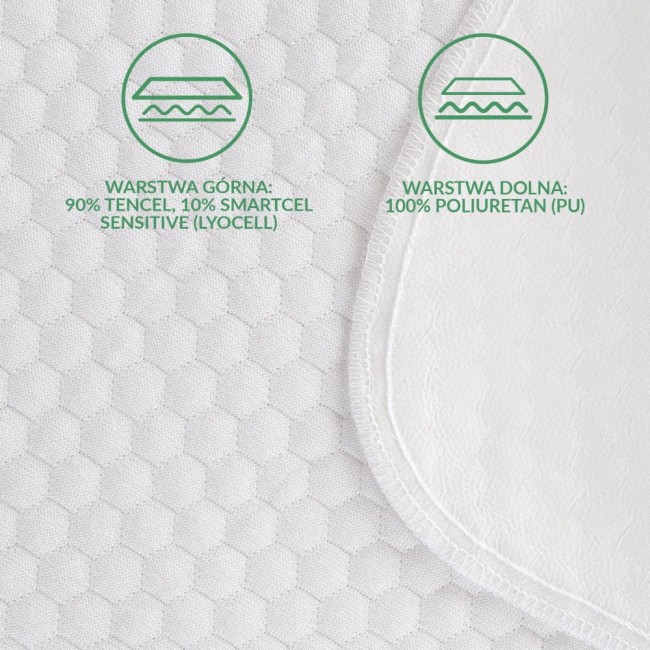 Ochraniacz na materac 160x200 pikowany SOFT-TOUCH w kolorze białym. Warstwa górna: 90% Tencel, 10% Smartcel Sensitive. Warstwa dolna: 100% poliuretan. Widoczny detal pikowania oraz wykończenie krawędzi.