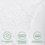 Ochraniacz na materac 160x200 w kolorze białym, wykonany z materiałów: górna warstwa 67% bawełna, 33% poliester, dolna warstwa 100% poliuretan. Zbliżenie na fakturę materiału oraz przejrzyste napisy informacyjne na tle białym.