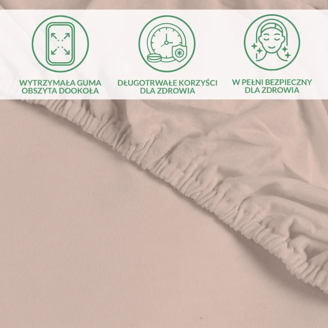 Ochronne prześcieradło z gumką 140x200 SMARTCEL w kolorze beżowym. Widoczna wytrzymała guma obszyta dookoła, materiał gładki. Zdjęcie w zbliżeniu na detal gumy, na prostym tle, bez dodatkowych dekoracji.