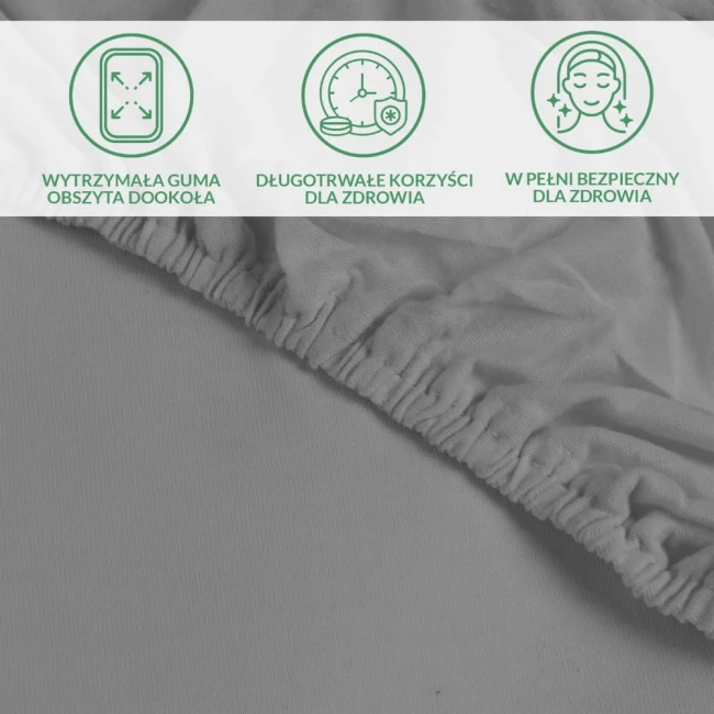 Ochronne prześcieradło z gumką w kolorze szarym, rozłożone, ukazujące wytrzymałą gumę obszernie wokół krawędzi. Zbliżenie na materiał, wskazujące na jego gładką fakturę i elastyczność, co zapewnia doskonałe dopasowanie do materaca.