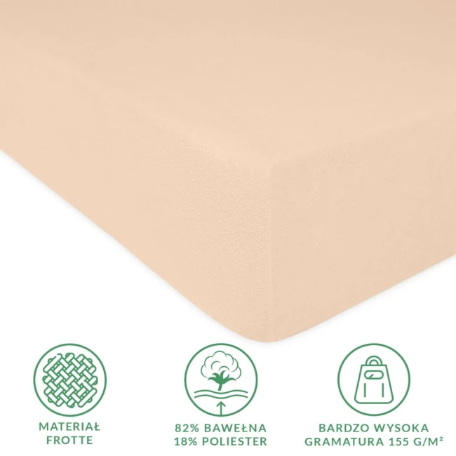 Prześcieradło frotte z gumką w kolorze perłowego różu, o wymiarach 90x200 cm, leży na białym tle. Wykonane z materiału 82% bawełna, 18% poliester; gramatura 155 g/m². Widoczna faktura tkaniny, idealne do minimalistycznych aranżacji.
