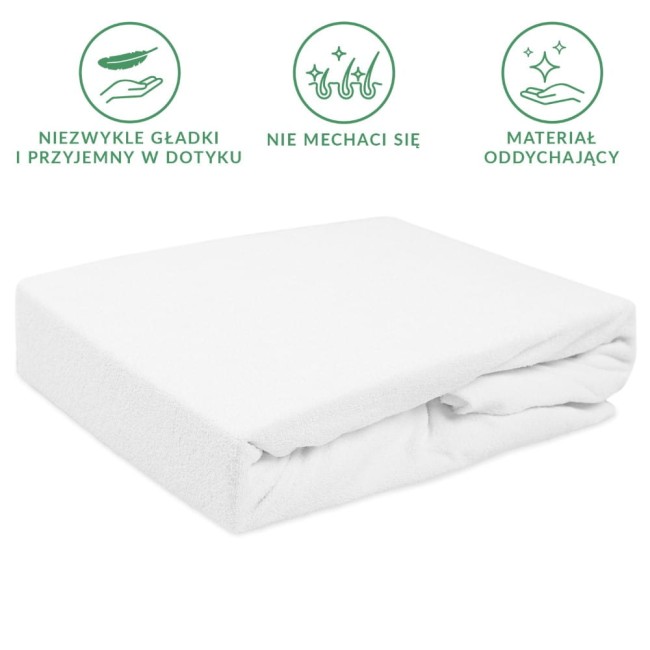 Prześcieradło frotte z gumką w kolorze białym o wymiarach 180x200, leżące w złożonej pozycji. Materiał teksturowany, gładki w dotyku, zapewniający komfort.