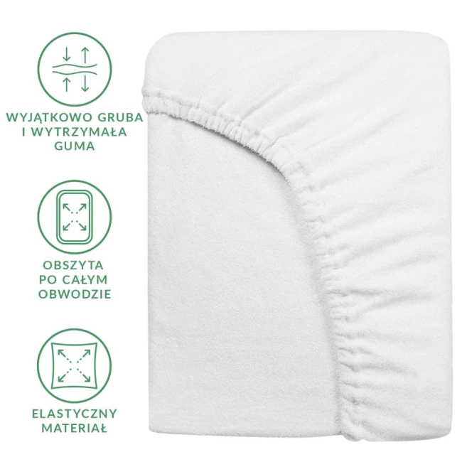 Prześcieradło frotte z gumką 200x220 w kolorze białym, z grubą, elastyczną guma obszytą po całym obwodzie. Produkt leży na białym tle, z widocznym detalem gumki i fakturą materiału. Zbliżenie na krawędź.