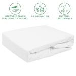 Prześcieradło frotte z gumką w kolorze białym o wymiarach 200x220 cm, leżące w pozycji złożonej. Produkt o gładkiej fakturze, wykonany z oddychającego materiału, bez widocznych napisów lub dekoracji.