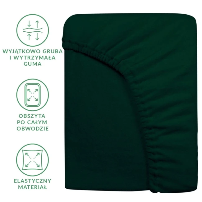 Prześcieradło frotte z gumką w kolorze zieleni butelkowej o wymiarach 200x220 cm, rozłożone, pokazujące elastyczny materiał oraz obszty z gumą na całym obwodzie, widoczne szczegóły dotyczące grubej i wytrzymałej gumy.