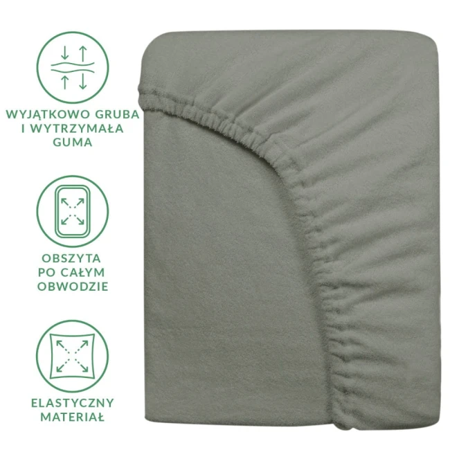 Prześcieradło frotte z gumką 120x200 w kolorze szarym PREMIUM, leżące na płaskiej powierzchni, z wyraźnie widocznym elastycznym obszyciem wokół krawędzi. Materiał o miękkiej fakturze, dostosowujący się do materaca.