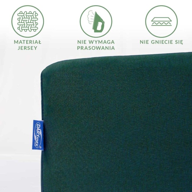 Prześcieradło jersey z gumką w kolorze zieleni butelkowej, rozmiar 90x200. Materiał elastyczny, nie wymaga prasowania, nie gniecie się. Widoczna metka producenta.