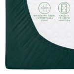 Prześcieradło jersey z gumką 160x200 w kolorze zieleni butelkowej. Widoczny detal zgrubienia gumy, która jest obszyta po całym obwodzie, co zapewnia trwałość i stabilność. Materiał gładki, w intensywnym odcieniu zieleni.