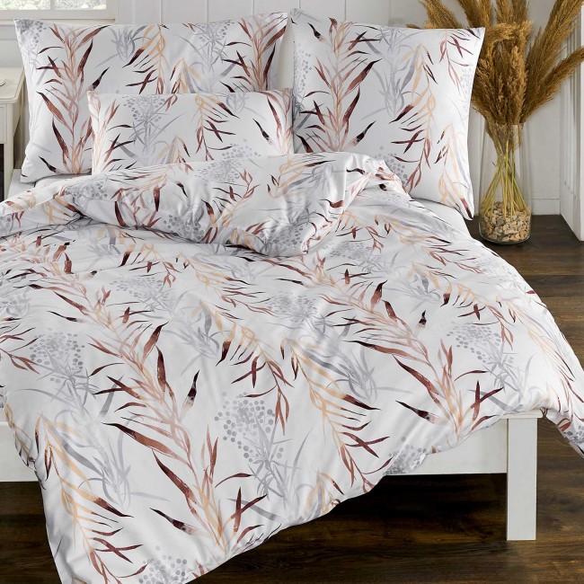  Elegancka biała pościel 160x200 z 100% bawełny o satynowym splocie w beżowo szare liście 