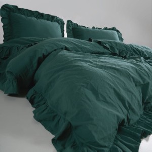 Pościel bawełniana z falbanką 220x200 Stonewashed Exclusive, Dark Green, zieleń butelkowa