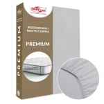 Prześcieradło frotte z gumką w kolorze popielatym, rozmiar 90x200, widoczne w opakowaniu. Ujęcie frontalne z detalem gumki mocującej. Materiał teksturowany, pasujący na materac o wysokości do 25 cm. Proste tło, czytelne napisy.