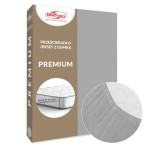 Prześcieradło jersey z gumką w kolorze popielatym, 180x200 cm, opakowane w karton. Widok z przodu, ukazujący detale gumki i teksturę materiału. Wskazanie, że pasuje na materac o wysokości do 25 cm. Proste, neutralne tło.