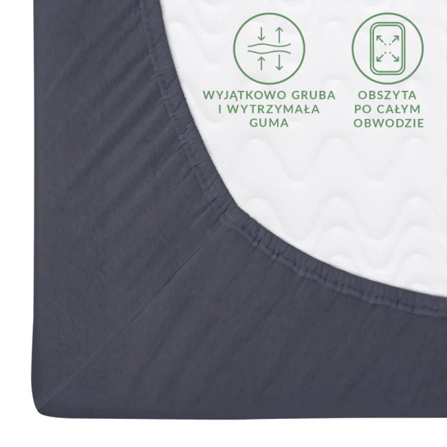 Prześcieradło jersey z gumką 90x200 w kolorze ciemnoszarym, leżące na białym tle. Widoczna, elastyczna guma wokół obwodu oraz delikatna faktura dzianiny.