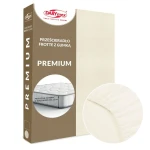 Prześcieradło frotte z gumką 120x200 w kolorze ecru, wykonane z materiału premium. W opakowaniu widoczny jest zbliżony detal na gumkę, która pasuje do materaca o wysokości do 25 cm. Tło białe z logo DARYmex i napisem PREMIUM.
