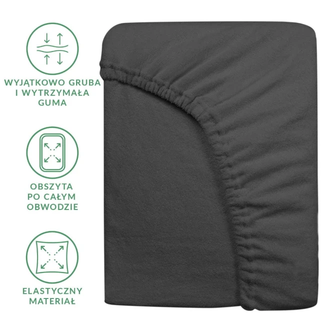 Prześcieradło frotte z gumką w kolorze ciemnoszarym, rozmiar 90x200 cm. Produkt leży na płasko, z widoczną elastyczną guma obwodową. Materiał jest miękki, teksturowany, prezentuje detale jak grube zakładanie gumki. Tło proste, białe.
