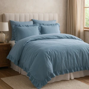 Pościel bawełniana z falbanką 220x200 Stonewashed Exclusive, Niebieska