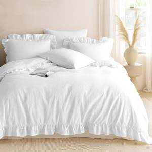 Pościel bawełniana z falbanką 220x200 Stonewashed Exclusive, Optic White, biała