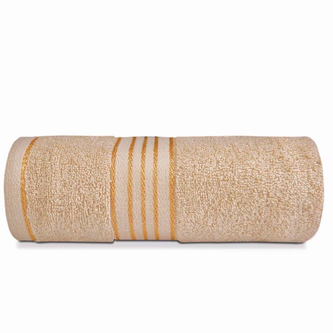 Komplet ręczników z bawełny w eco pudełku kolor beżowy z bordiurą w złote paski 500 g/m2 TIWANO 2 kpl.