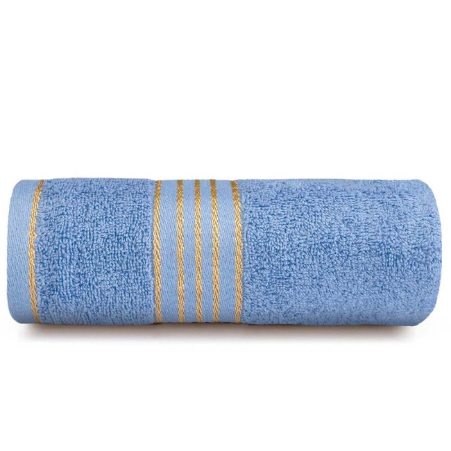 Komplet ręczników z bawełny w eco pudełku kolor niebieski z bordiurą w złote paski 500 g/m2 TIWANO 3 kpl.