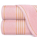 Komplet ręczników z bawełny w eco pudełku kolor jasno różowy z bordiurą w złote paski 500 g/m2 TIWANO 3 kpl.