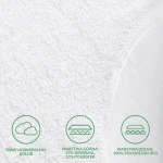 Ochraniacz na materac 90x180 Robson w kolorze białym, wykonany z materiałów: górna warstwa 67% bawełna, 33% poliester, dolna warstwa 100% poliuretan. Zbliżenie na fakturę i detale materiału, prezentujący elastyczne wykończenie.