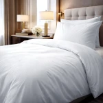 Pościel hotelowa bawełniana 140x200 w pasy 4-mm, kolor biały, z zakładką 30 cm. Leży rozłożona na podłodze. W tle widoczna zielona roślina w doniczce oraz jasne akcesoria. Struktura tkaniny z delikatnym wzorem, bez wyraźnych napisów lub logo.