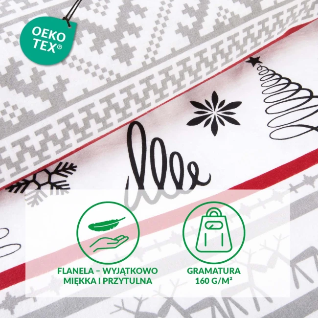 Pościel flanelowa 160x200 Selvia w kolorze białym z wzorem choinek i chatki, ozdobiona szarymi i czerwonymi pasami. Widok z góry, produkt leży rozłożony. Wzory w formie płatków śniegu i stylowych linii. Tekstura materiału miękka i ciepła.
