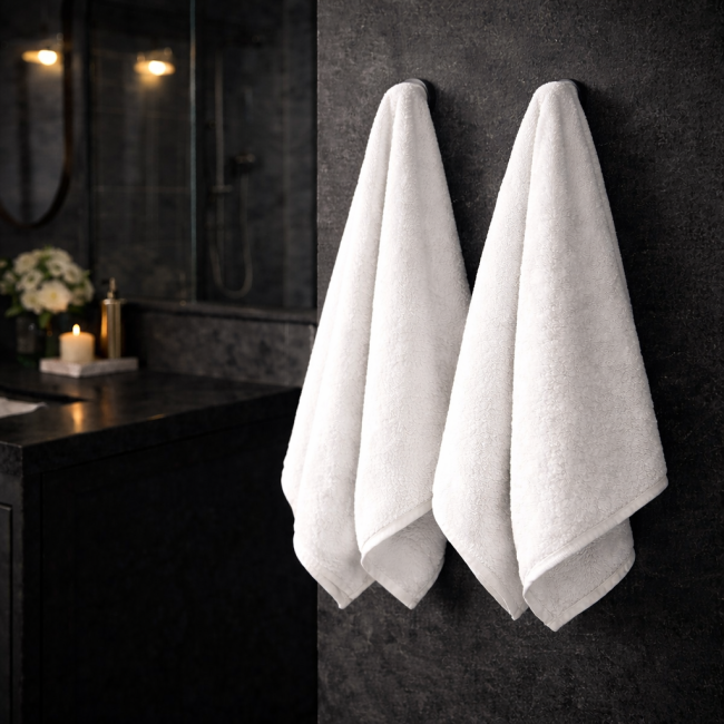 Ręcznik hotelowy 50x100 cm w kolorze białym, wiszący na wieszaku, wykonany z miękkiego materiału o wysokiej chłonności. Zdjęcie przedstawia ciemną łazienkę z naturalnym oświetleniem.