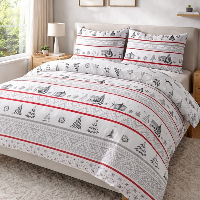  Ciepła i miękka pościel ze 100% bawełny, flanela w rozmiarze 180x200 cm w świąteczny wzór chatki i choinek na białym tle 