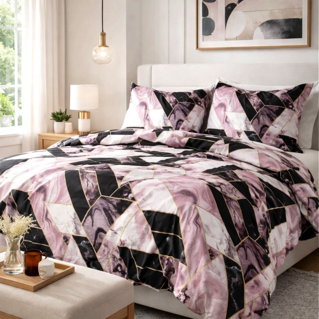  Elegancka nowoczesna delikatna pościel bawełniana satynowa 140x200 cm czarno różowy marmur 