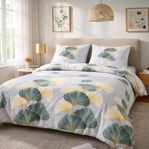 Pościel flanelowa 140x200 Solenne Light szara, liście miłorzębu, Flanelove